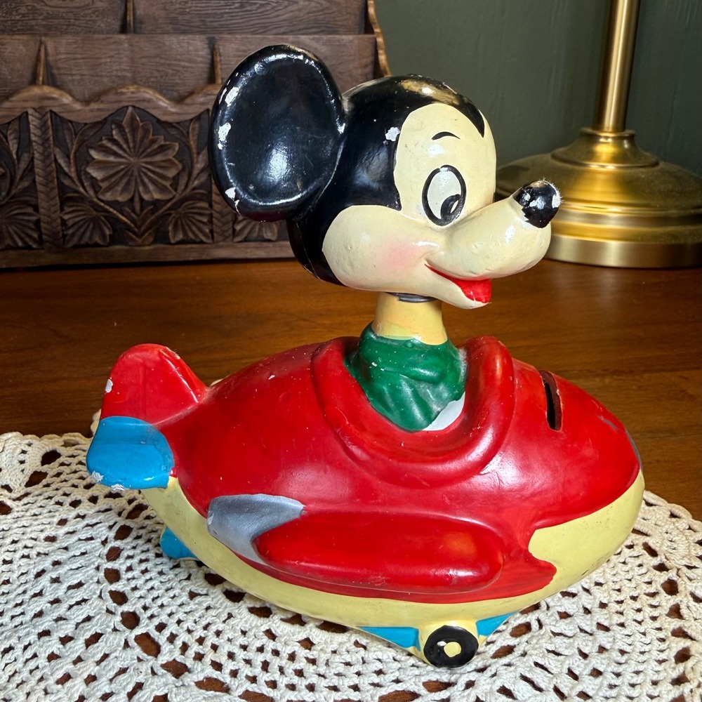 Vintage Walt Disney Productions Mickey Mouse Airplane Coin Bank Bobble Head RARE